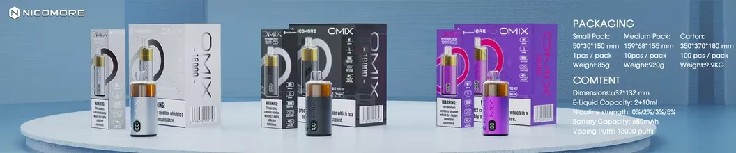 Nicomore OMIX vape packaging available in small, medium, and carton packs, with 18000 puffs and 650mAh battery