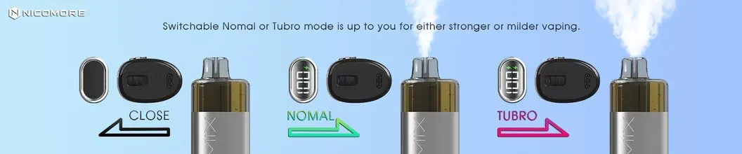 Nicomore vape device with switchable normal or turbo modes for stronger or milder vaping experience
