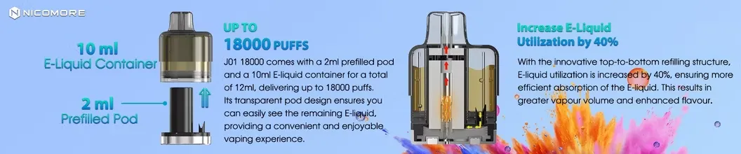 Nicomore J01 18000 Puffs Vape with improved e-liquid utilization by 40%, ensuring greater flavour and vapor