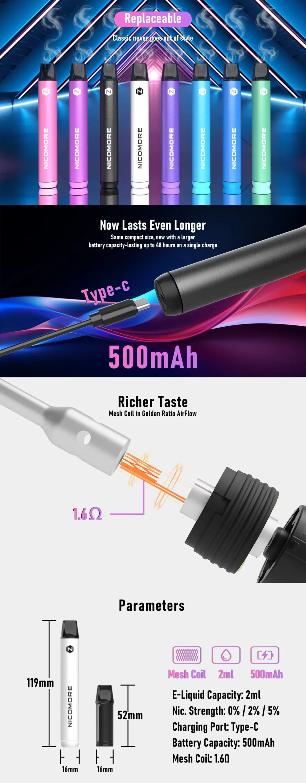 Nicomore Disposable Pod with Mesh Coil, Type-C Charging, 500mAh Battery, 2ml Capacity, 600-1000 Puffs, Wholesale EU & Germany