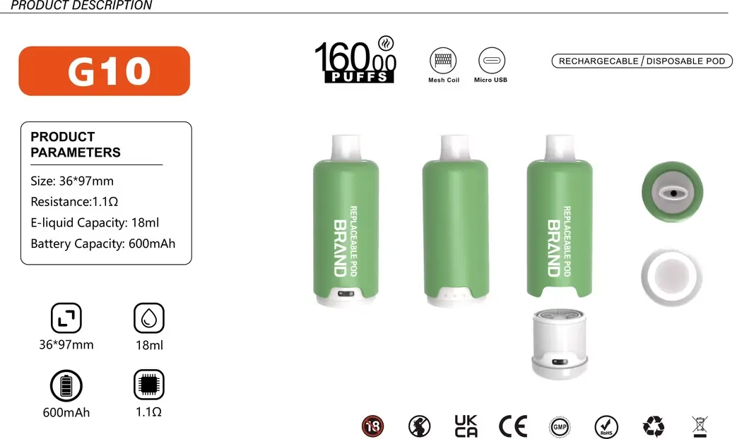 G10 Nicomore replaceable pod, features mesh coil, 18ml e-liquid capacity, 600mAh battery, and 16000 puffs.