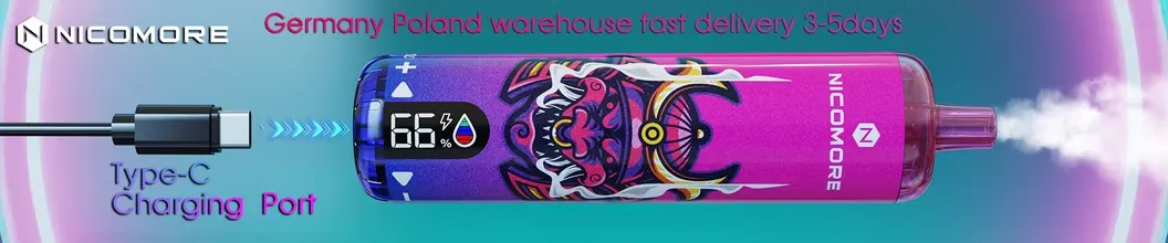 Nicomore 35000 Puffs Vape Type-C charging port banner with vibrant demon art