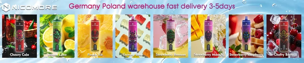 Nicomore 35000 Puffs Flavor Lineup: Cherry Cola, Lemon Lime, Peach Ice, Gummy Bear, Strawberry Banana, Strawberry Mango, Strawberry Raspberry, Cherry Berry