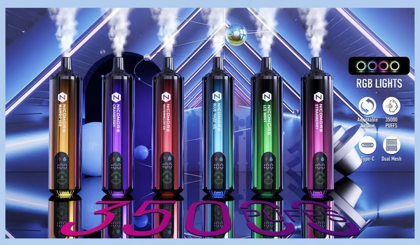 Lineup of Nicomore RGB 35000 puffs vapes including mango ice, cranberry, watermelon, blue razz, ice mint, and strawberry with dual mesh coils and Type-C charging