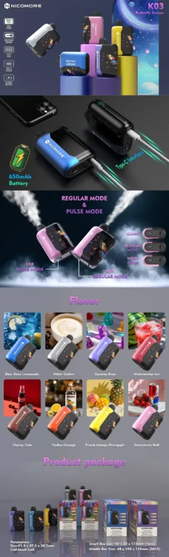 NICOMORE disposable vape package showing 8 flavors, 650mAh battery, and regular/pulse modes