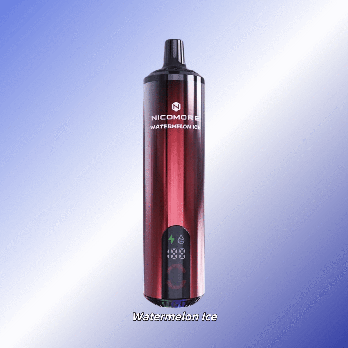 NICOMORE Watermelon Ice Disposable Vape Pen, 35000 Puffs, Rechargeable, showing blue and red watermelon design.
