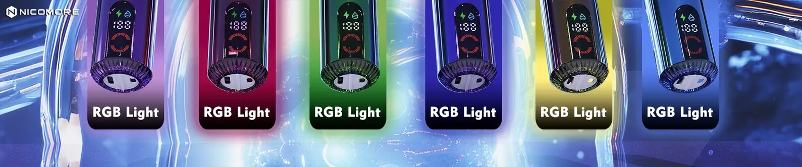Bottom view of Nicomore disposable vape with RGB light options in multiple colors