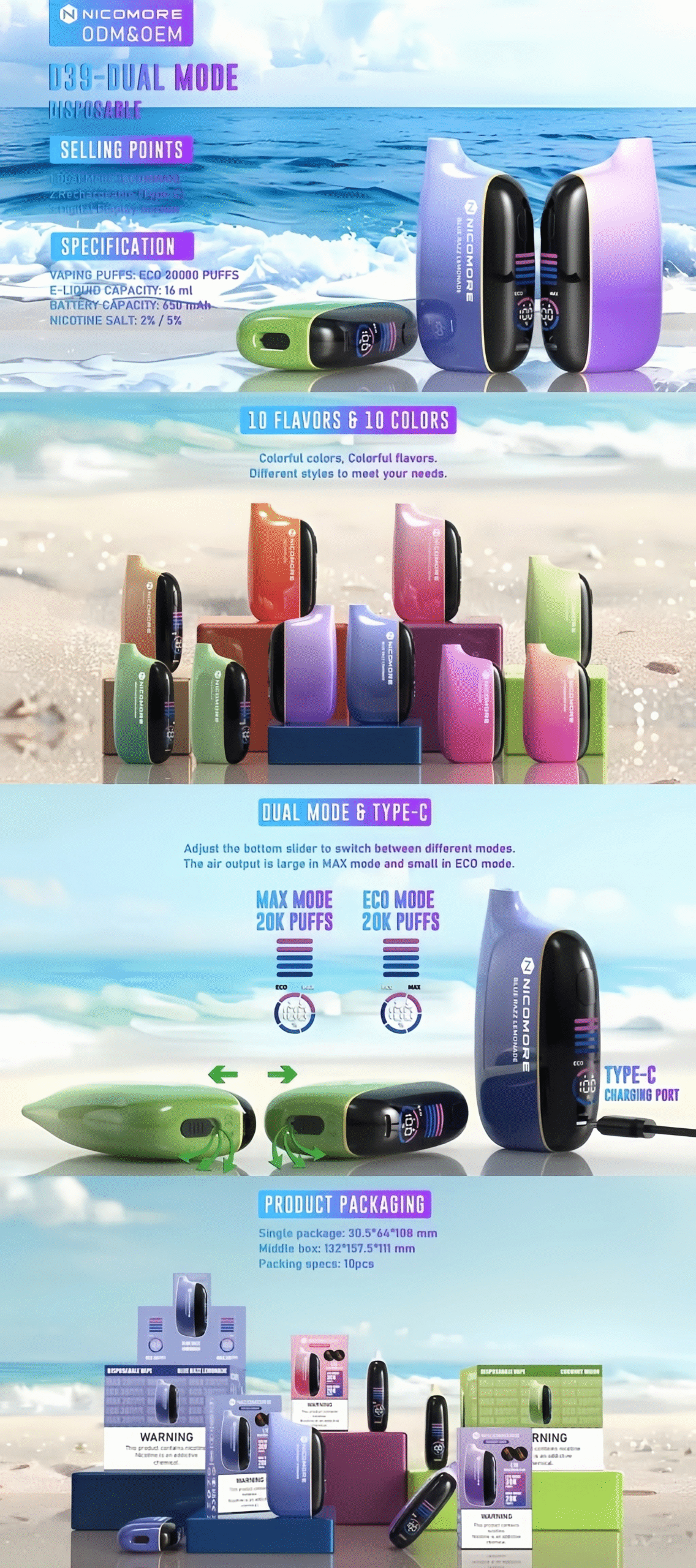 NICOMORE D39 Dual Mode Vape - Specification, Packaging and 10 Flavors Overview