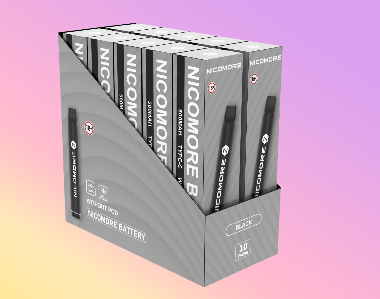 Nicomore Vape Battery 500mAh Black Box - 10 Packs, Rechargeable Type-C, Without Pod