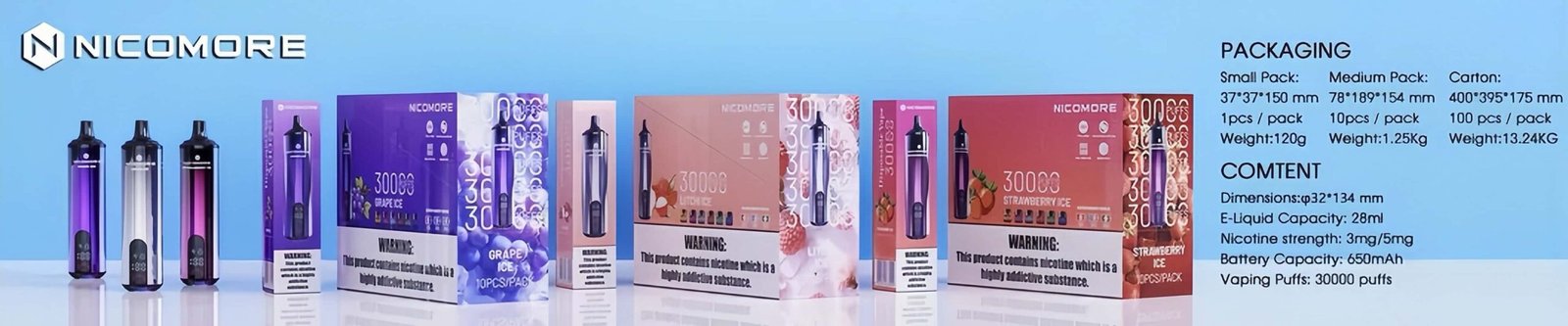 Nicomore vape packaging with 30000 puffs, 28ml capacity, and product specifications