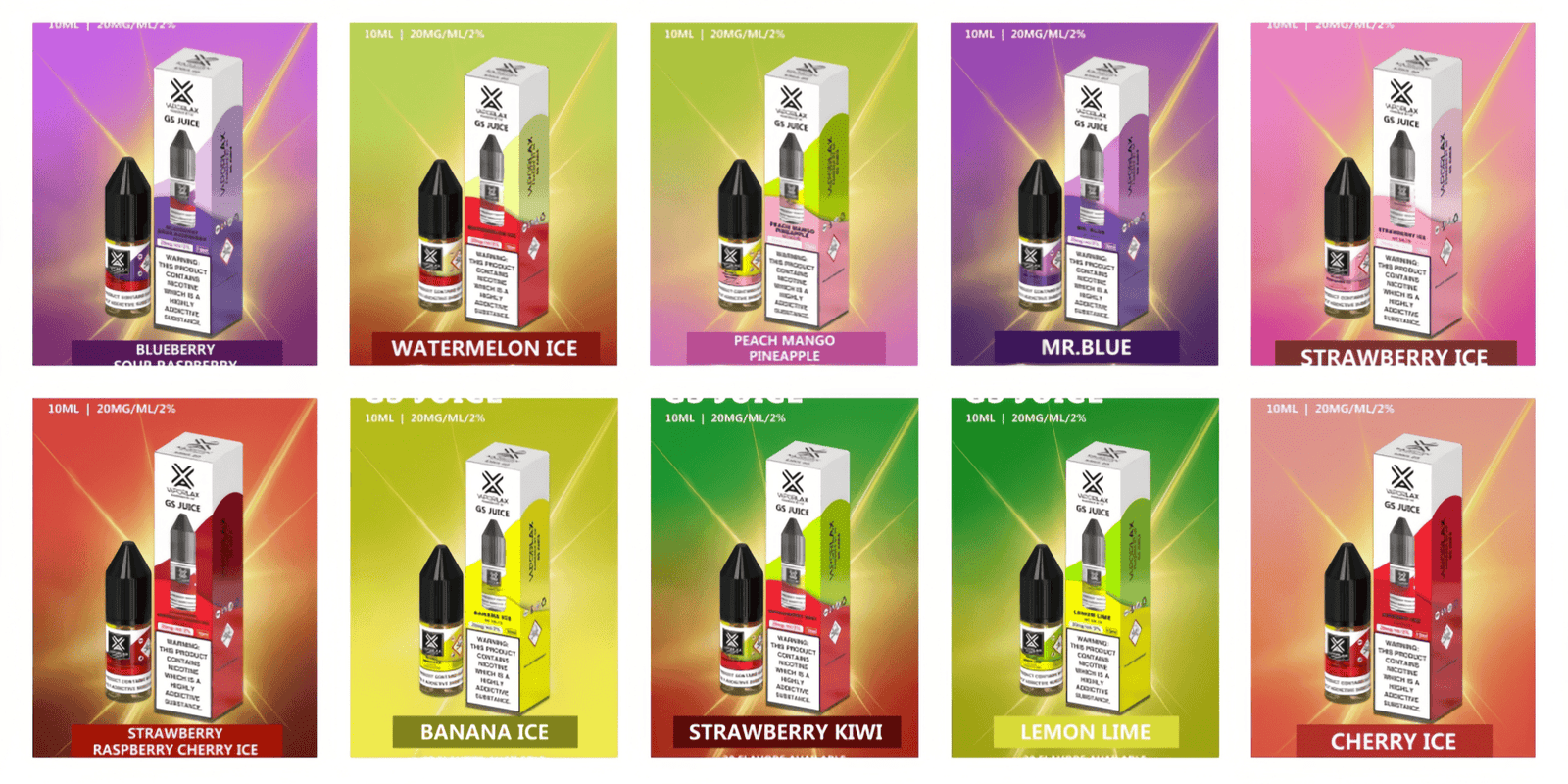 Vapesax GS Juice UK Edition - Group image of 10 nicotine salt e-liquid flavors including Blueberry Sour Raspberry, Watermelon Ice, Peach Mango Pineapple, Mr. Blue, Strawberry Ice, Strawberry Raspberry Cherry Ice, Banana Ice, Strawberry Kiwi, Lemon Lime, and Cherry Ice, each in 10ml / 20mg/ml / 2% strength.