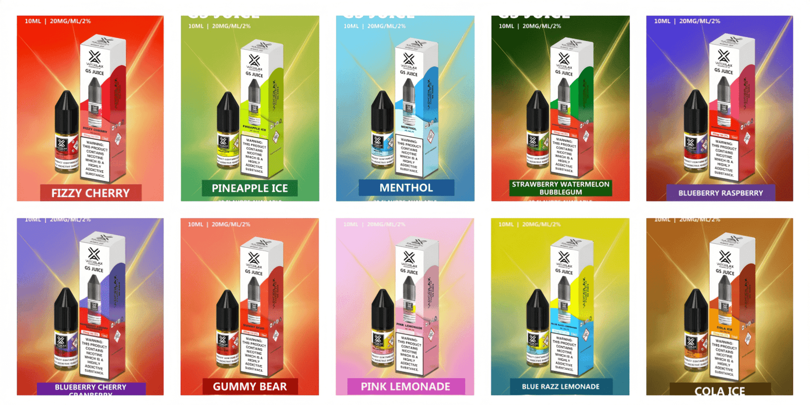 Vapesax GS Juice UK Edition - Group image of 10 vape juice flavors including Fizzy Cherry, Pineapple Ice, Menthol, Strawberry Watermelon Bubblegum, Blueberry Raspberry, Blueberry Cherry Cranberry, Gummy Bear, Pink Lemonade, Blue Razz Lemonade, and Cola Ice, all 10ml nicotine salt e-liquids with 2% strength.