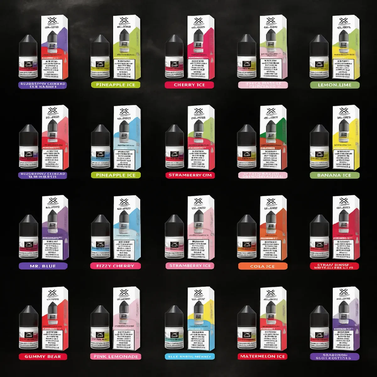 Vapesax GS Juice UK Edition - Full overview image of 20 nicotine salt e-liquid flavors in 10ml bottles, including Blueberry Cherry Cranberry, Pineapple Ice, Cherry Ice, Peach Mango Pineapple, Lemon Lime, Blueberry Raspberry, Menthol, Strawberry Kiwi, Strawberry Watermelon Bubblegum, Banana Ice, Mr. Blue, Fizzy Cherry, Strawberry Ice, Cola Ice, Strawberry Raspberry Cherry Ice, Gummy Bear, Pink Lemonade, Blue Razz Lemonade, Watermelon Ice, and Blueberry Sour Raspberry. TPD compliant and made for Britain.