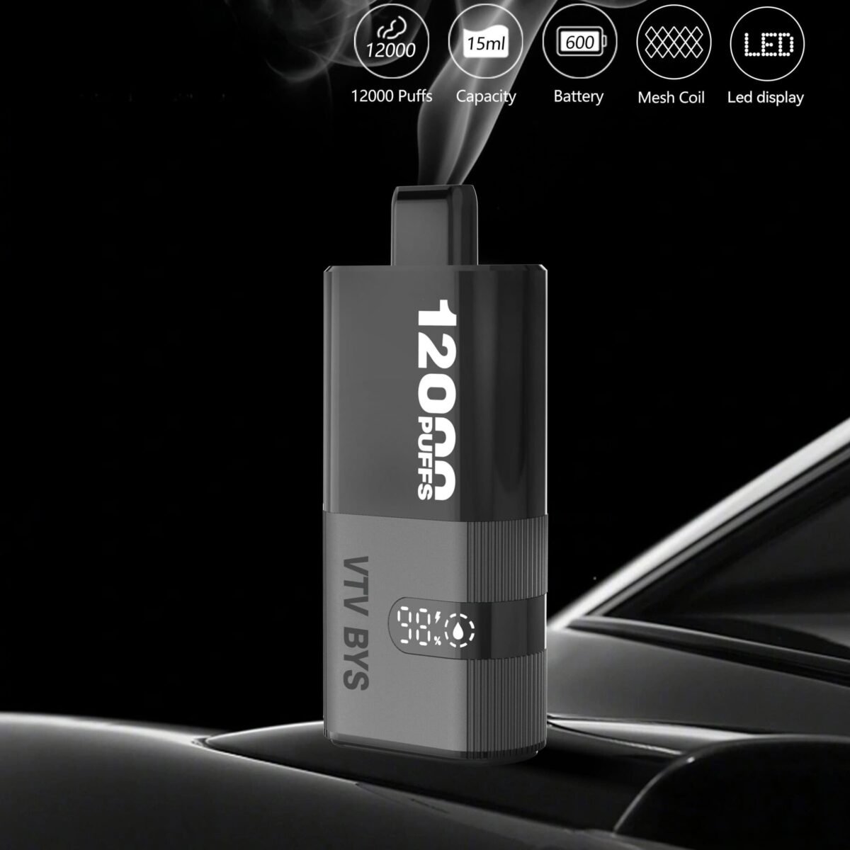 VTV BYS black vape device with LED display, 12000 puffs and mesh coil, elegant minimal background