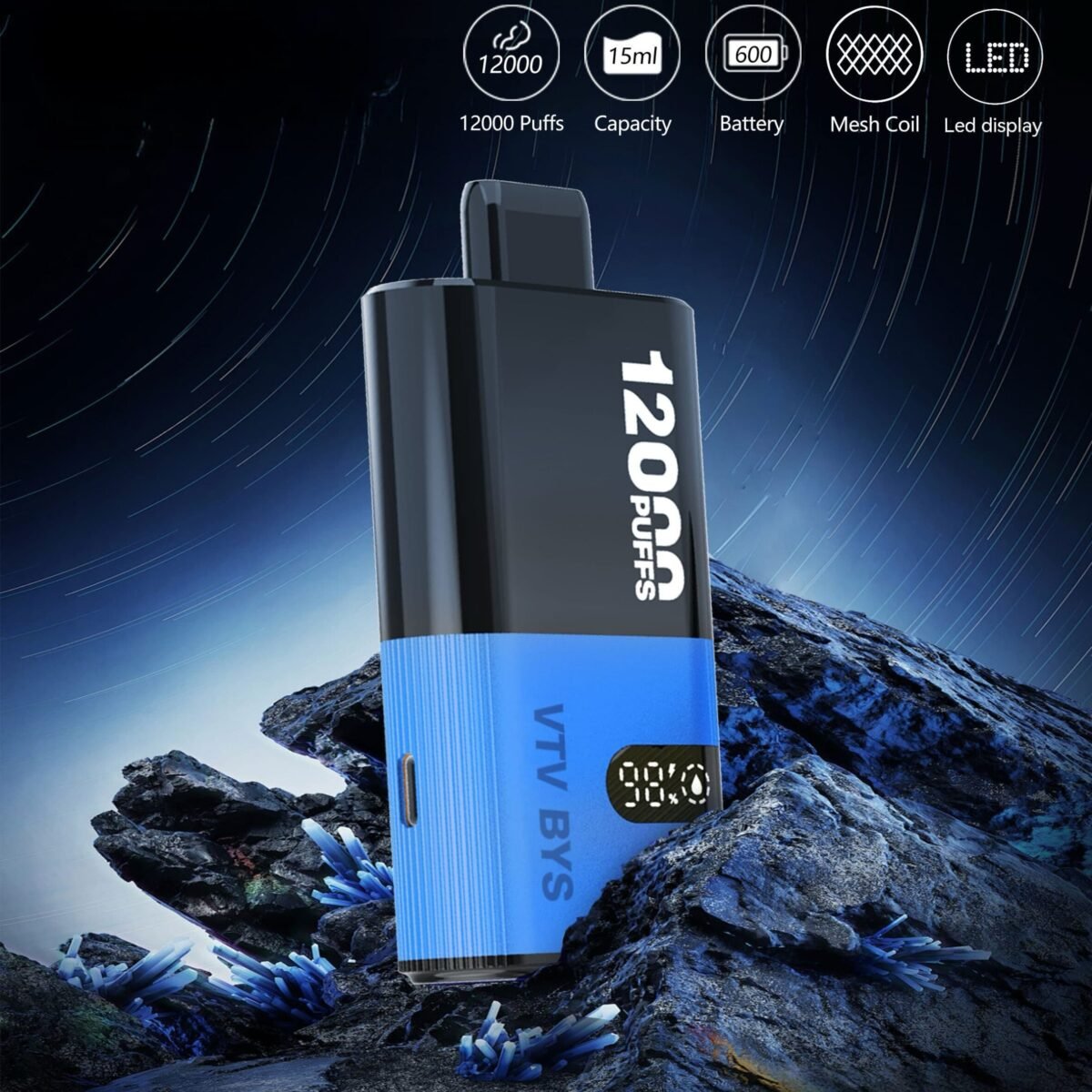 VTV BYS vape in blue with LED display, 12000 puffs, 15ml capacity, mesh coil and 600mAh battery