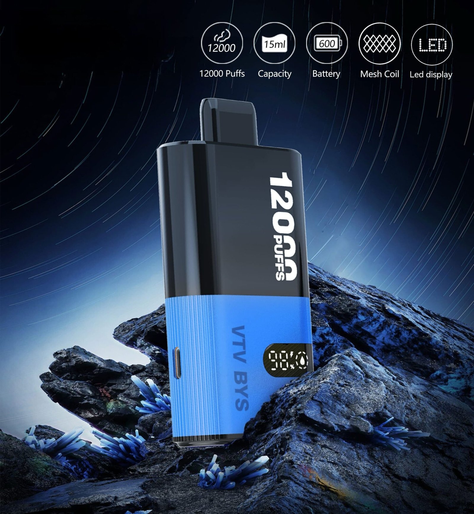 VTV BYS vape in blue with LED display, 12000 puffs, 15ml capacity, mesh coil and 600mAh battery