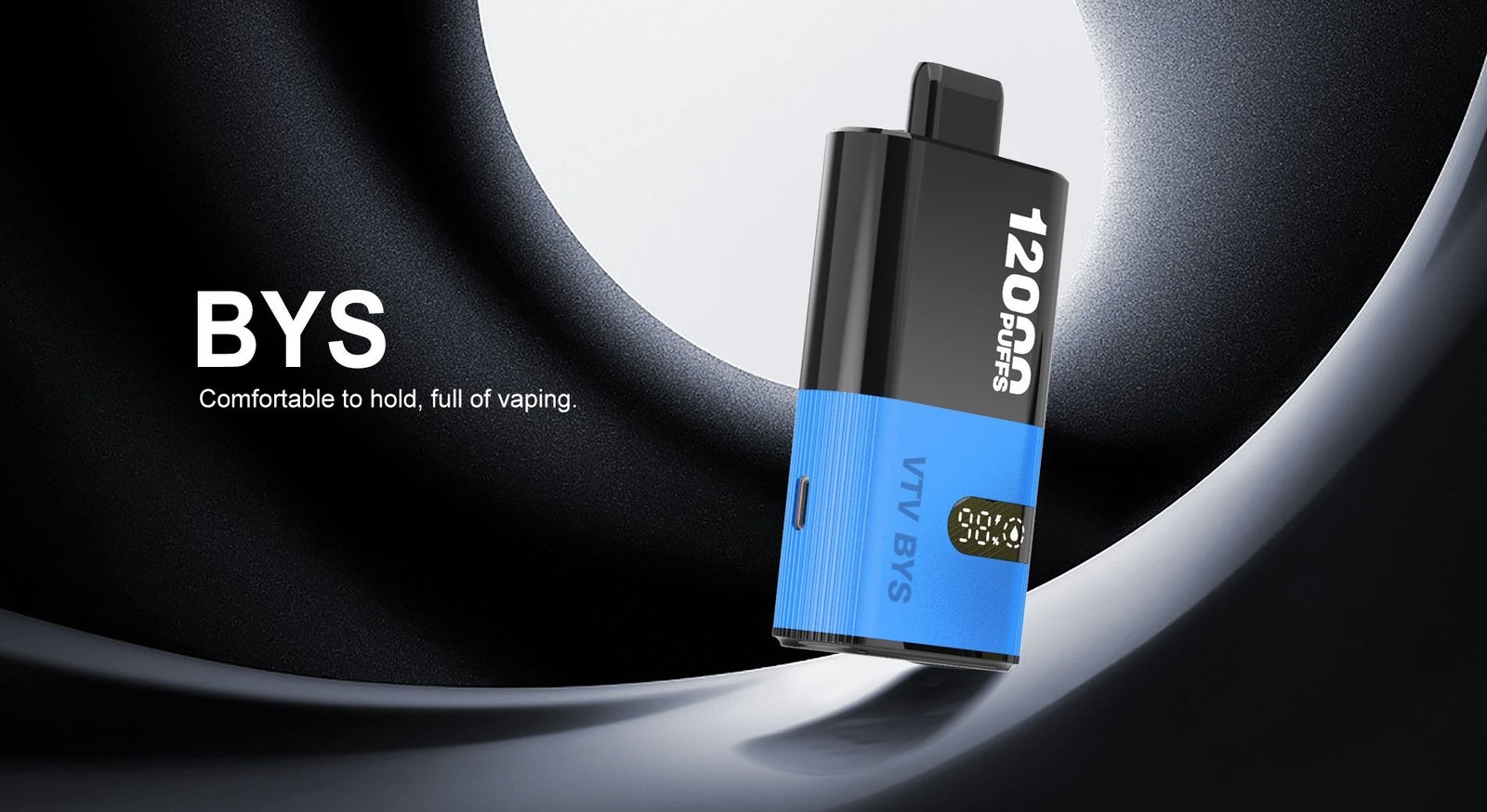 Banner image of VTV BYS 12000 puffs vape with blue gradient background and LED power screen