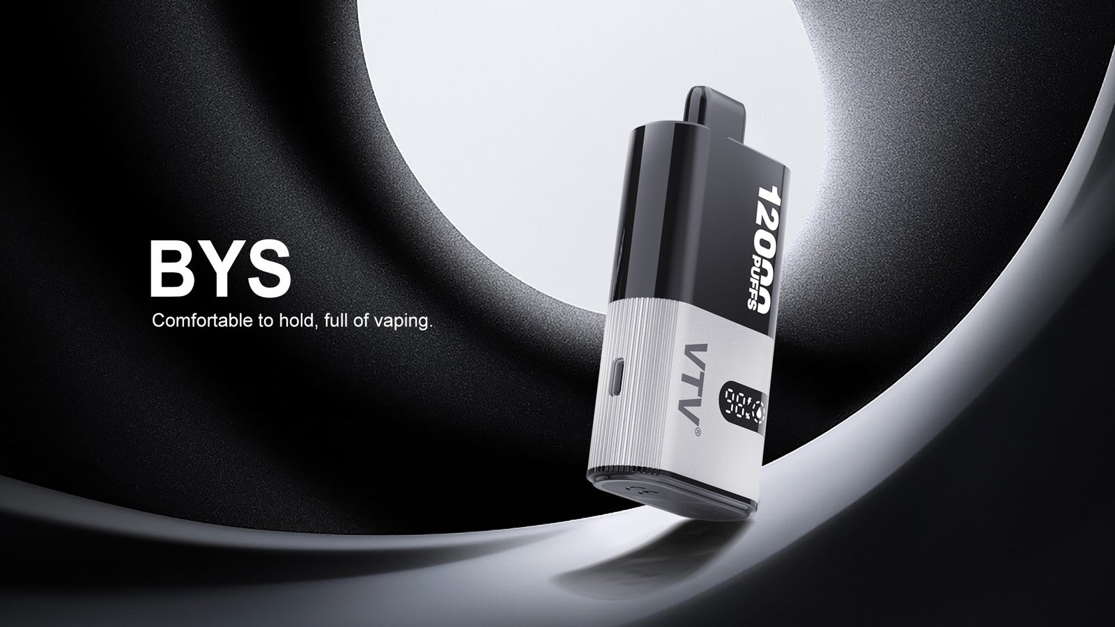Silver and black VTV BYS vape banner with LED percentage indicator and smooth curve design