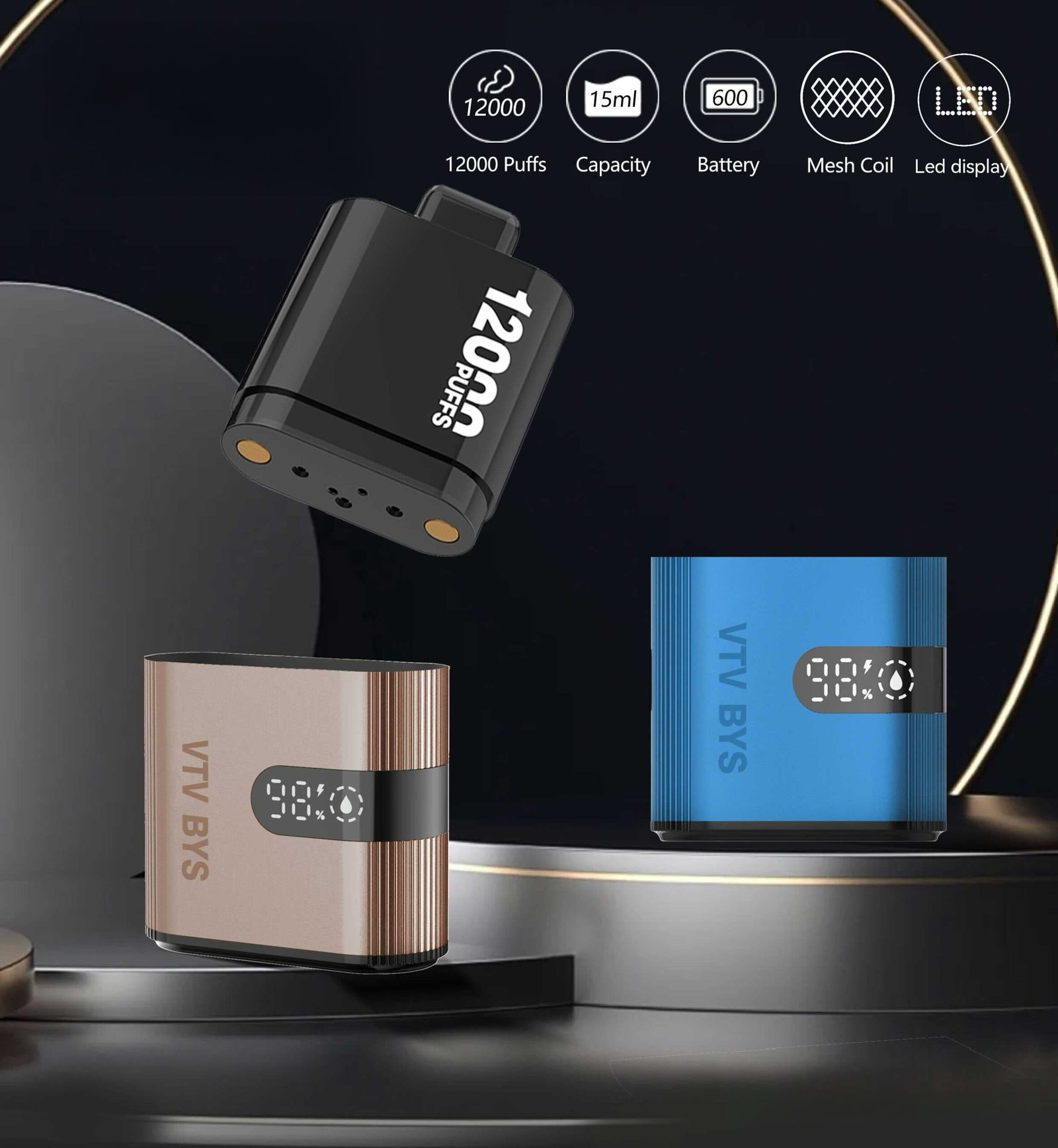 Color variants of VTV BYS vape including blue, black, and bronze models displayed on pedestal
