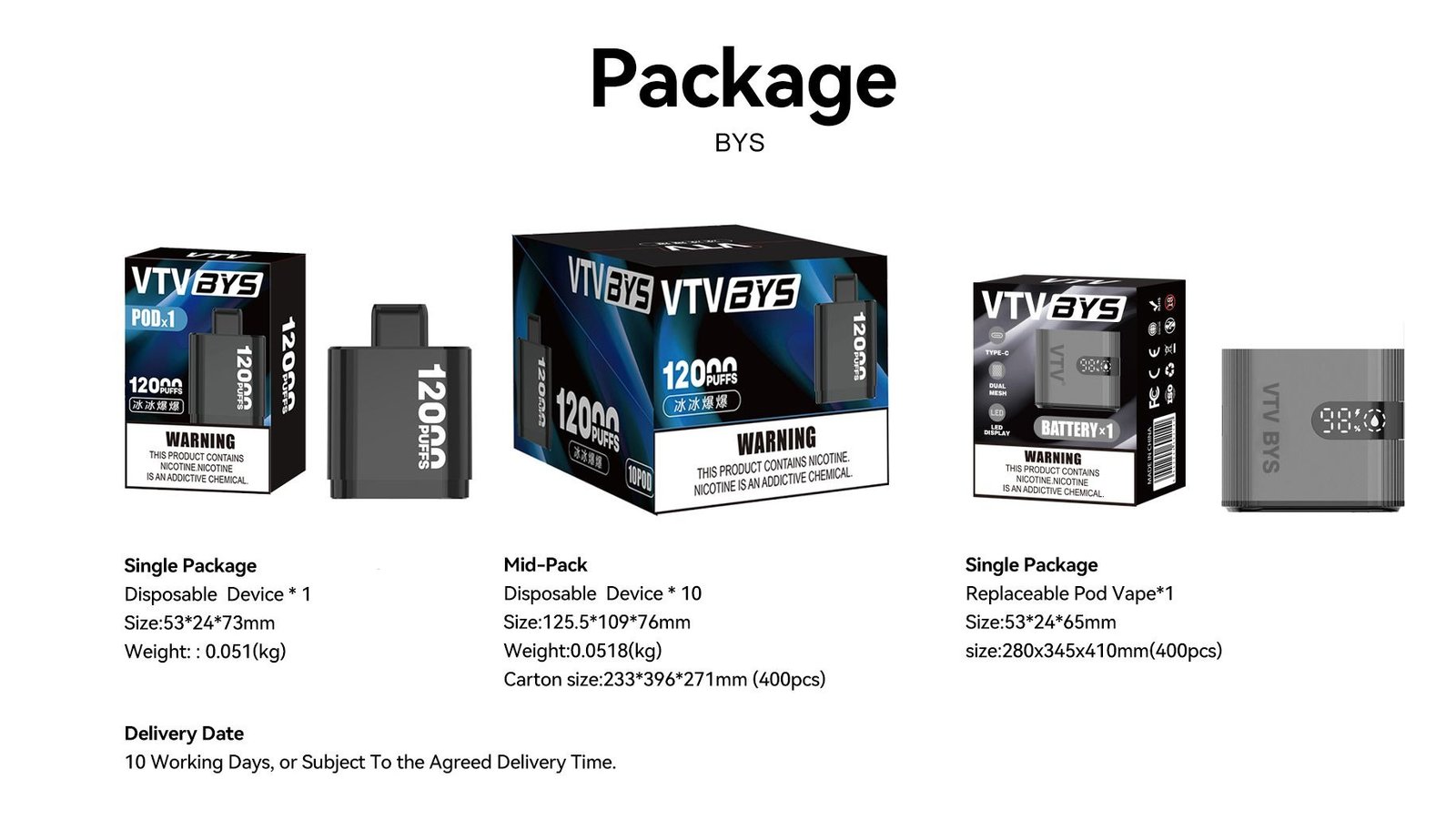 VTV BYS vape retail packaging for disposable pod and replaceable pod with dimension info