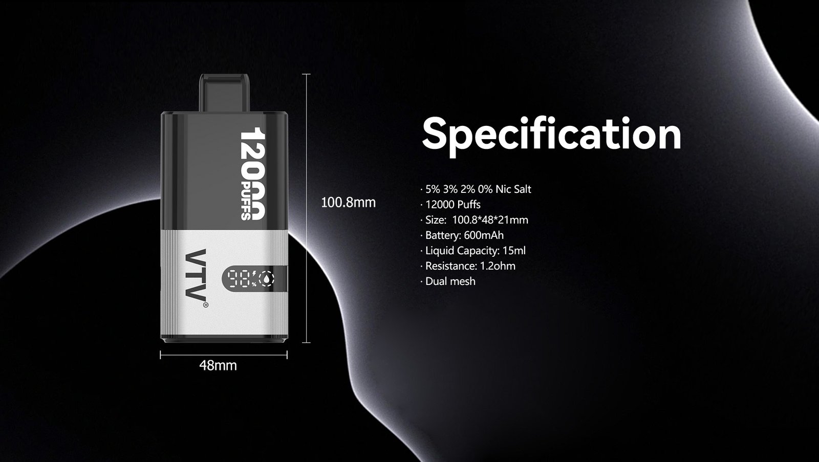 Specification chart of VTV BYS vape, showing puff count, e-liquid volume, battery, and resistance