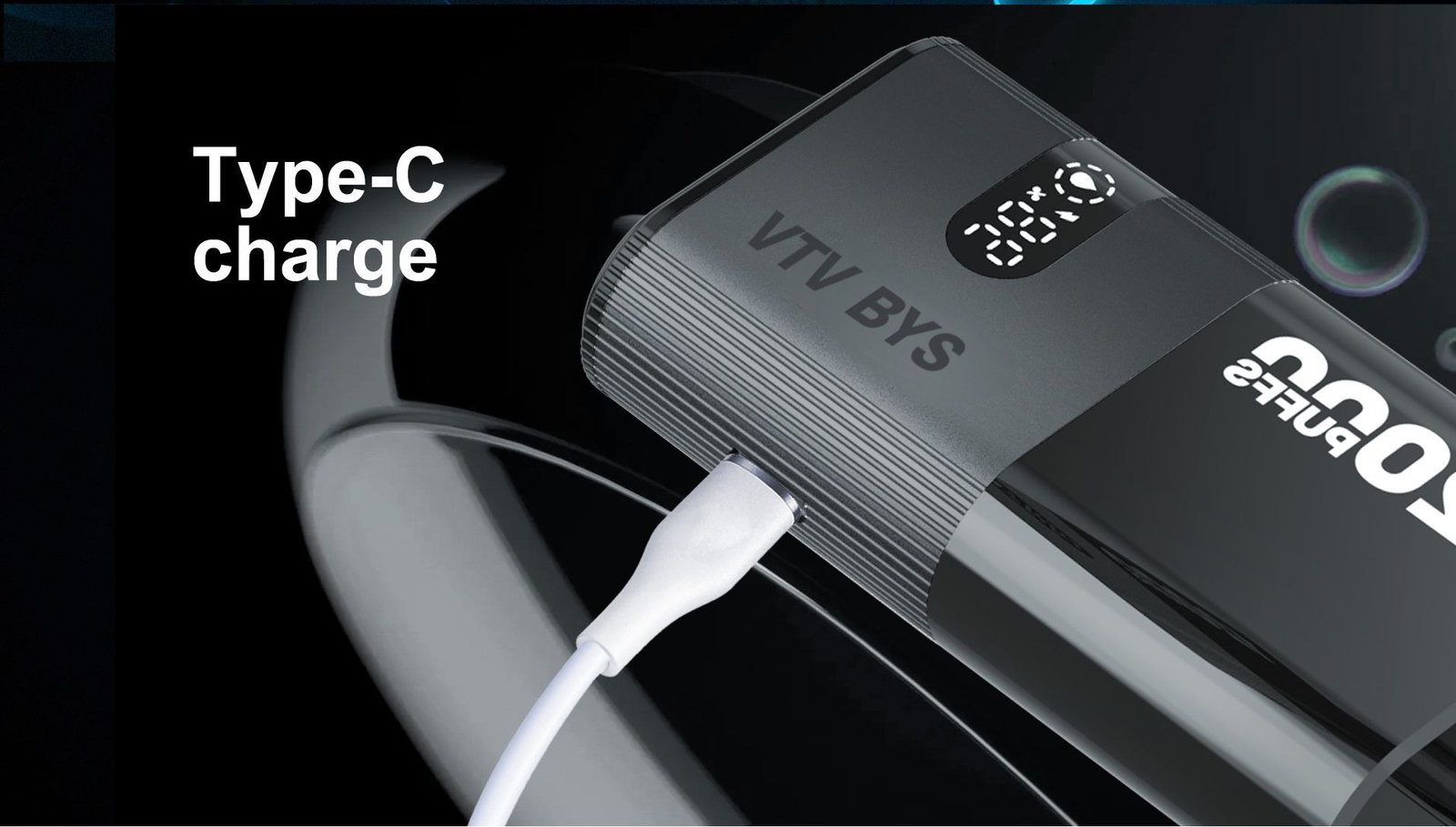 Close-up view of VTV BYS vape Type-C charging port and LED screen details
