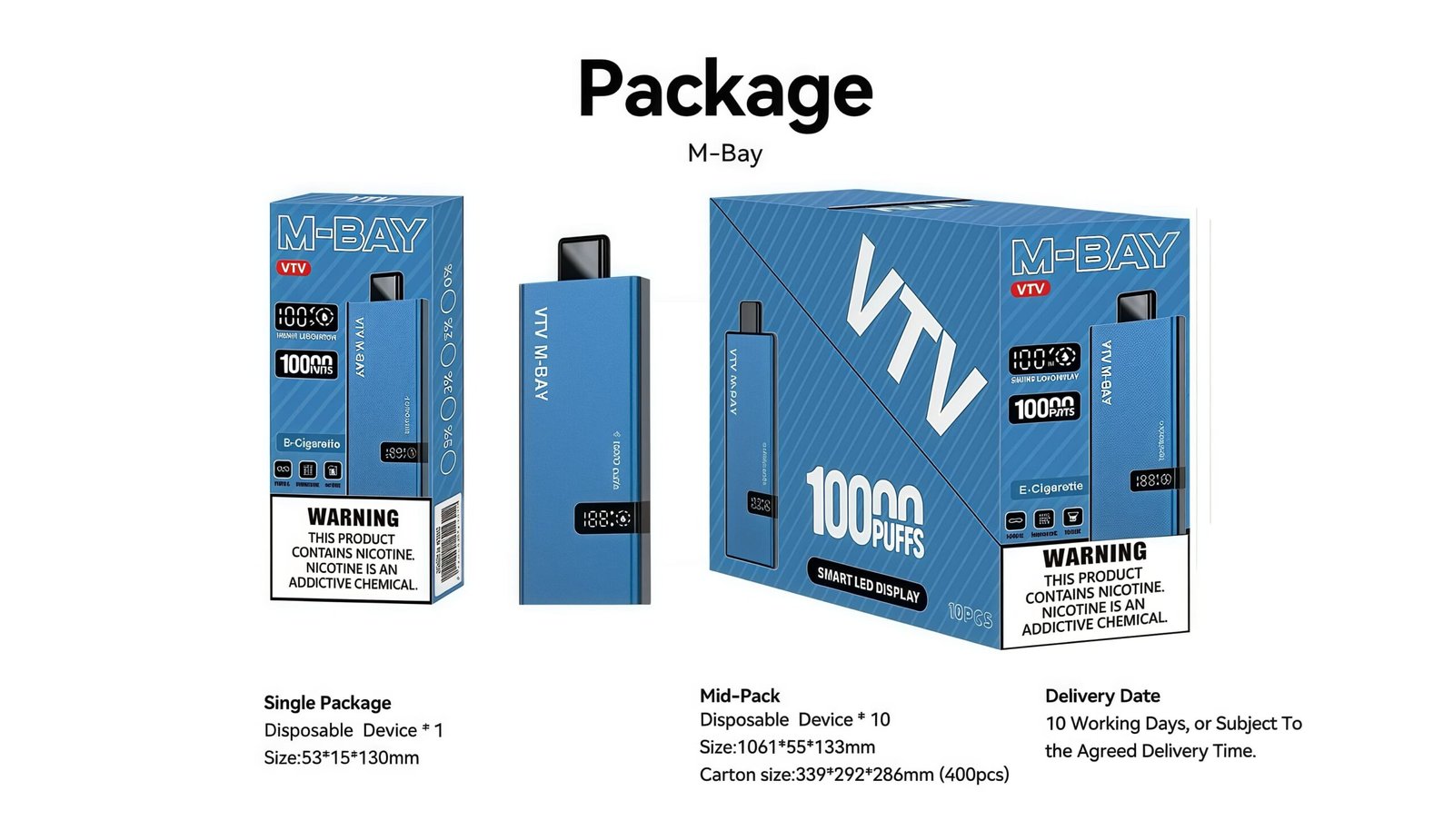 Retail and mid-pack packaging of VTV M-Bay vape with 10,000 puffs and LED display
