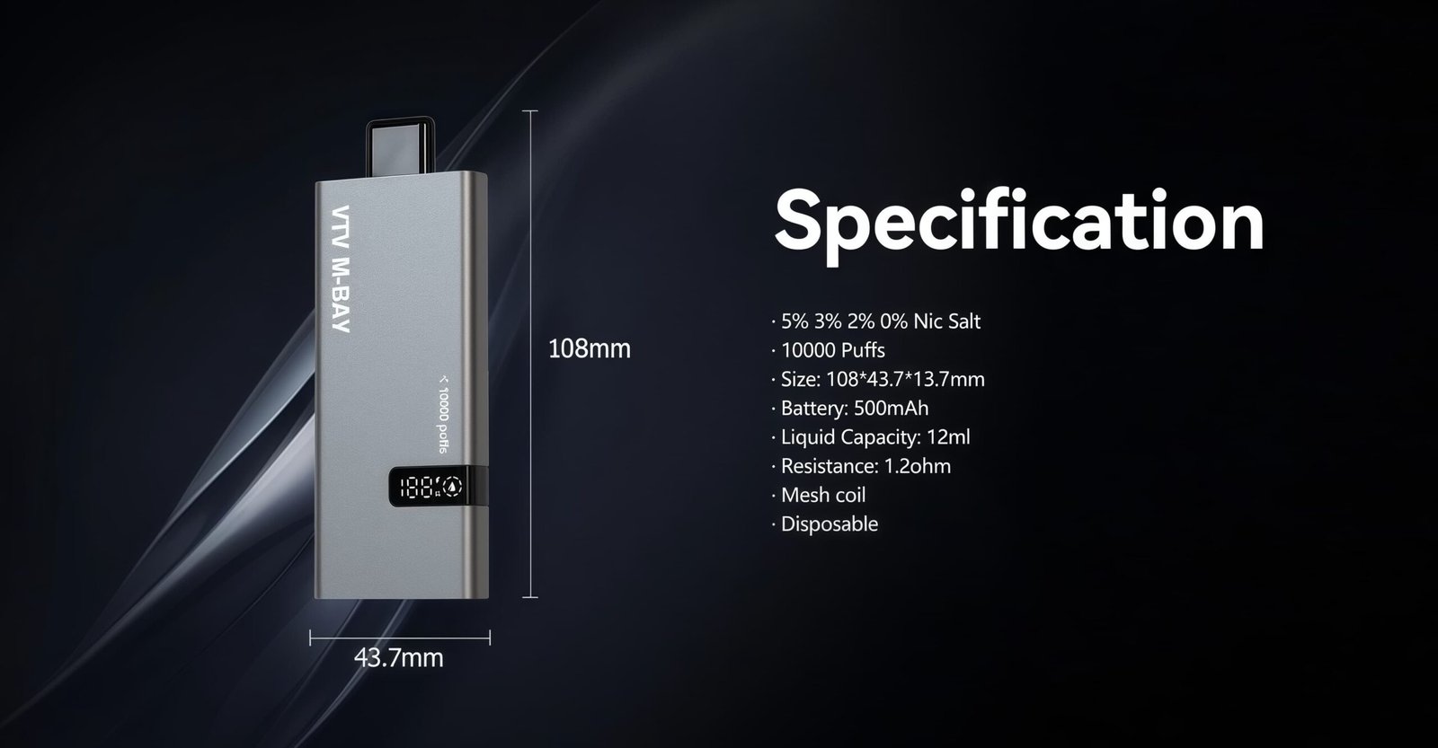 Detailed specifications and dimensions of the VTV M-Bay vape device with mesh coil