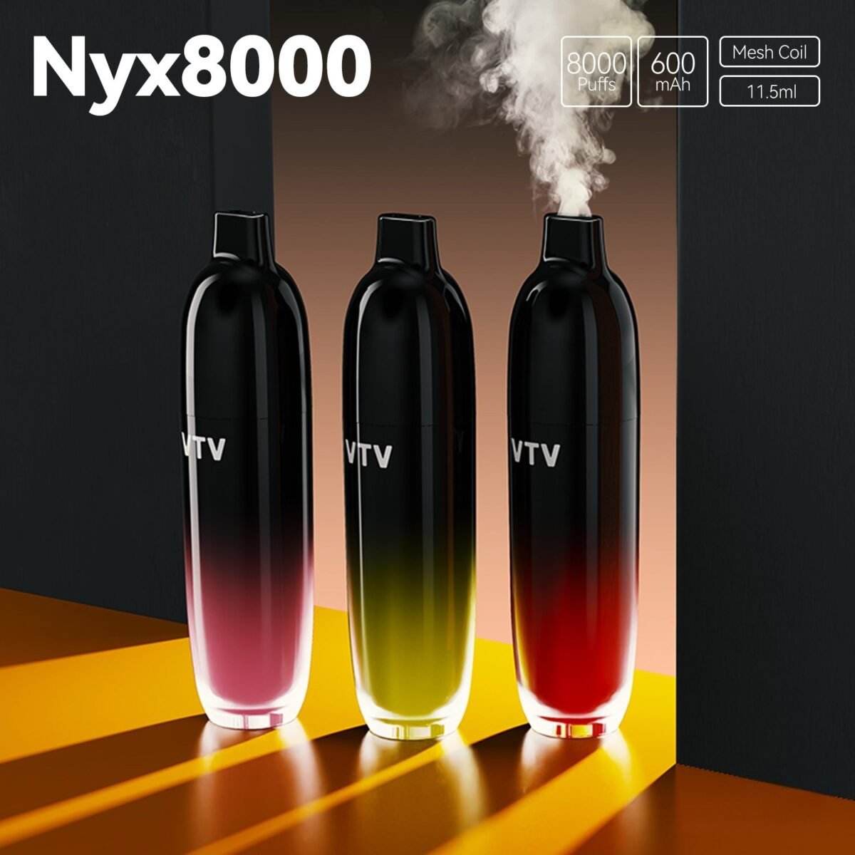 VTV Nyx8000 disposable vape with 8000 puffs and mesh coil, stylish black design with gradient colors