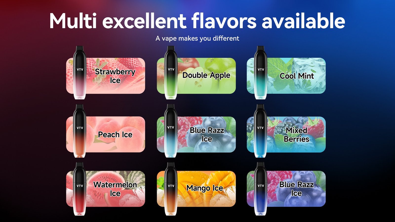 Eight VTV NYX8000 flavor options: Strawberry Ice, Double Apple, Cool Mint, Peach Ice, Blue Razz Ice, Mixed Berries, Watermelon Ice, Mango Ice