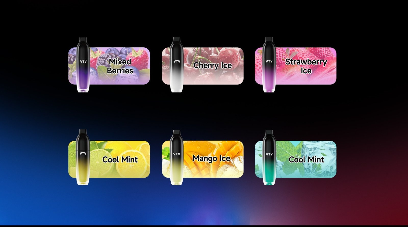 Close-up of six premium VTV NYX8000 flavors: Mixed Berries, Cherry Ice, Strawberry Ice, Cool Mint, Mango Ice